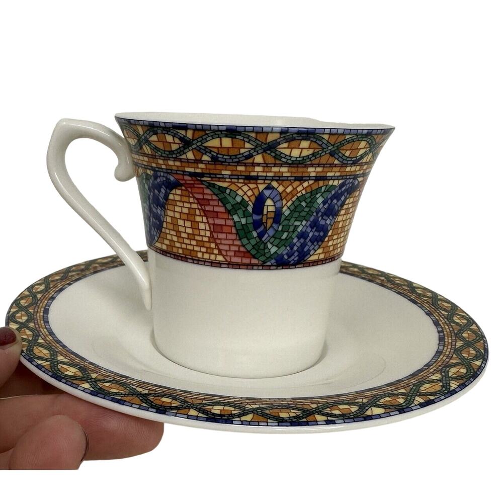 MIKASA Ultima + Sao Paulo Coffee/Tea Cup & Saucers Mosaic Stained Glass Floral
